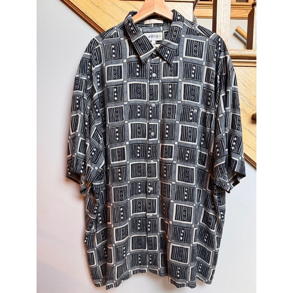 Vintage Campia Moda Mens Button Down Shirt XXL Rayon Black Geometric Abstract - Picture 1 of 5